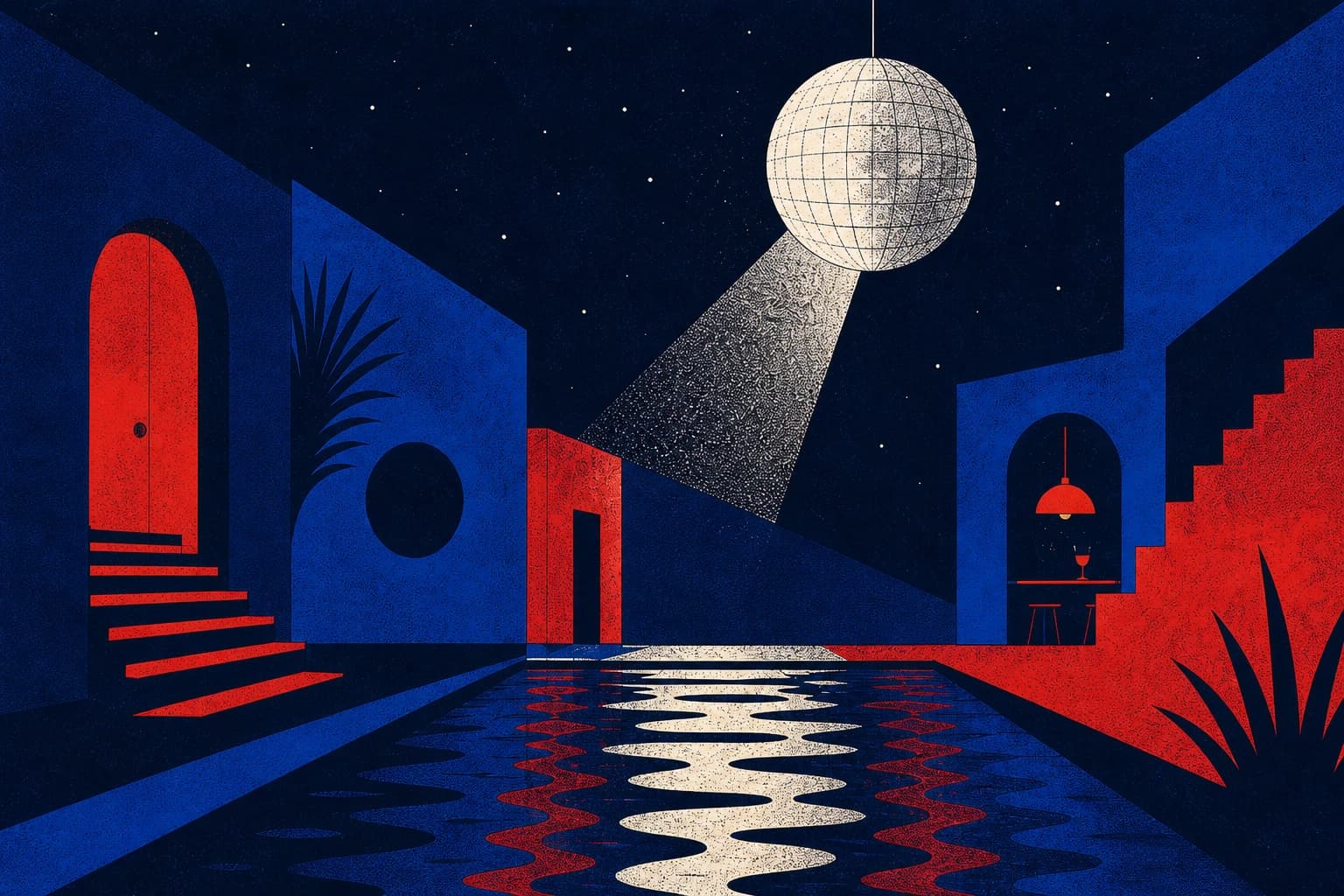 Un patio azul y rojo junto al agua, una bola disco y una puerta roja: la escena interactiva de Luces rojas.